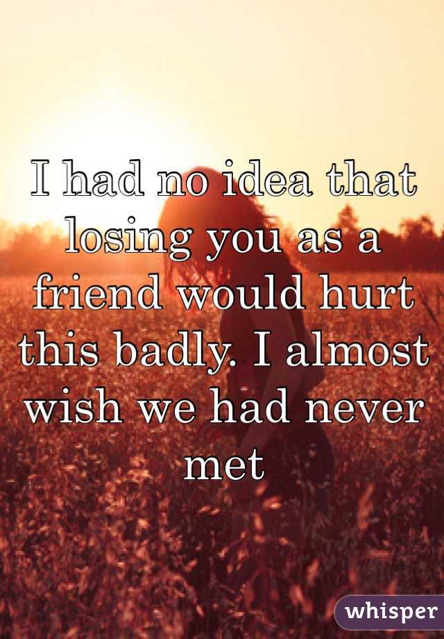 I had no idea that losing you as a friend would hurt this badly. I almost wish we had never met