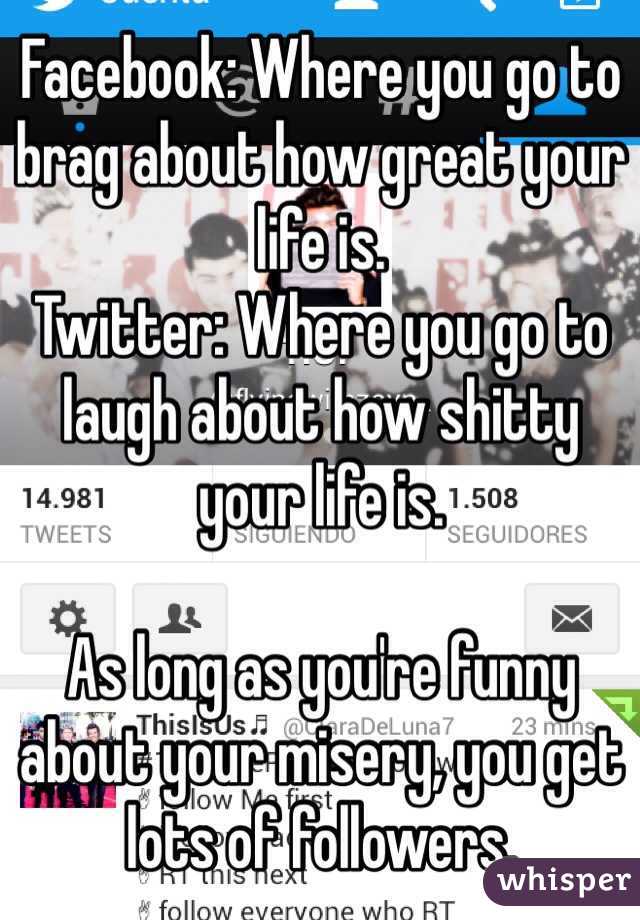 Facebook: Where you go to brag about how great your life is.
Twitter: Where you go to laugh about how shitty your life is.

As long as you're funny about your misery, you get lots of followers.