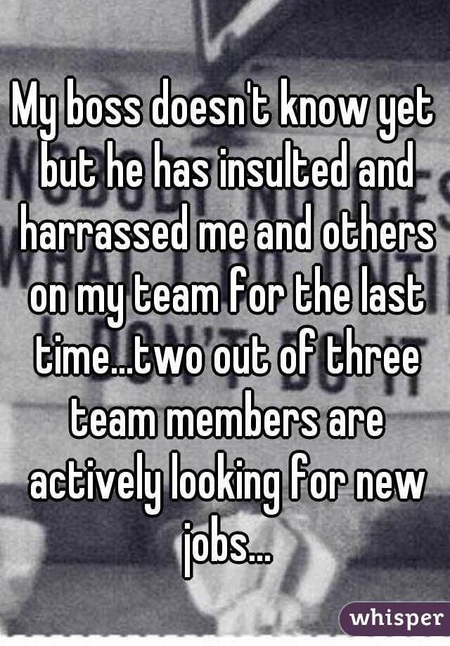 My boss doesn't know yet but he has insulted and harrassed me and others on my team for the last time...two out of three team members are actively looking for new jobs...