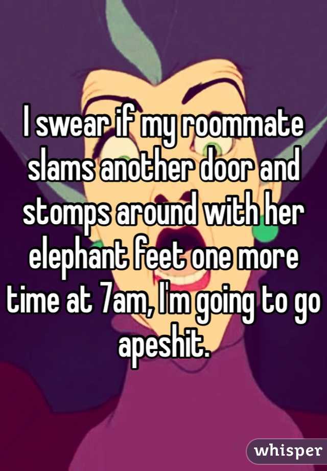 I swear if my roommate slams another door and stomps around with her elephant feet one more time at 7am, I'm going to go apeshit. 