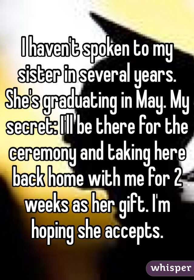 I haven't spoken to my sister in several years. She's graduating in May. My secret: I'll be there for the ceremony and taking here back home with me for 2 weeks as her gift. I'm hoping she accepts. 