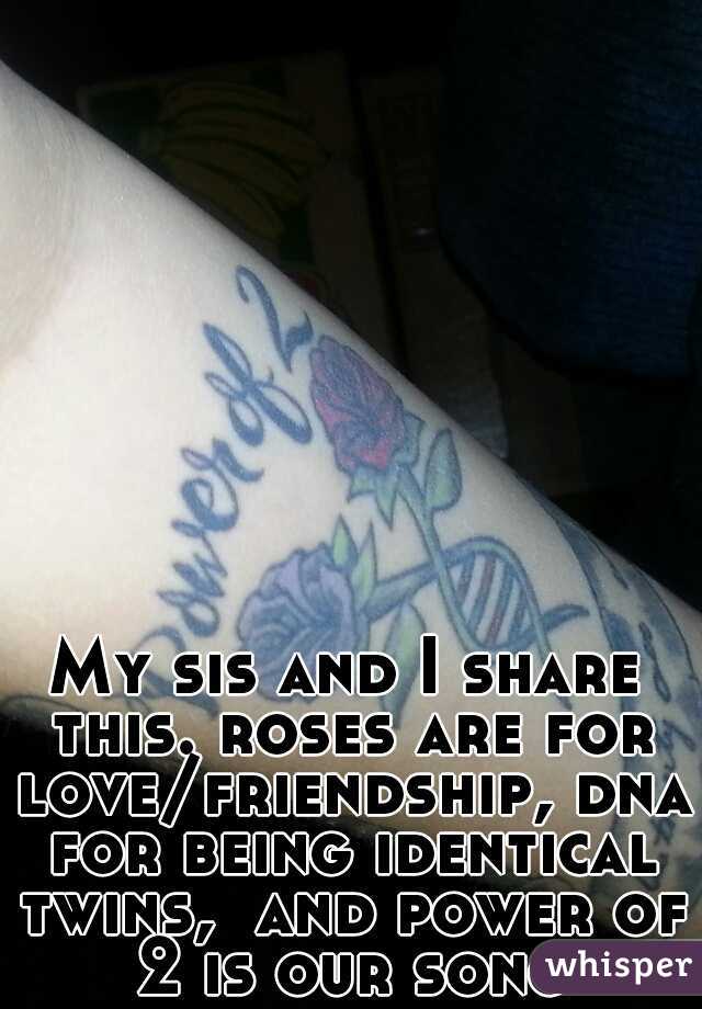 My sis and I share this. roses are for love/friendship, dna for being identical twins,  and power of 2 is our song