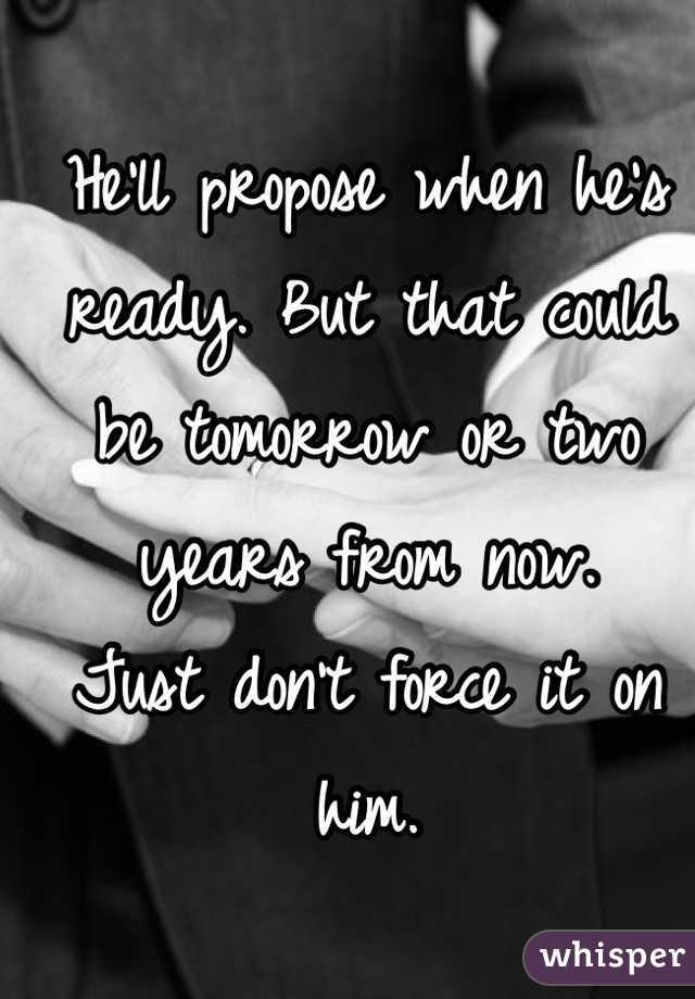 He'll propose when he's ready. But that could be tomorrow or two years from now. 
Just don't force it on him. 