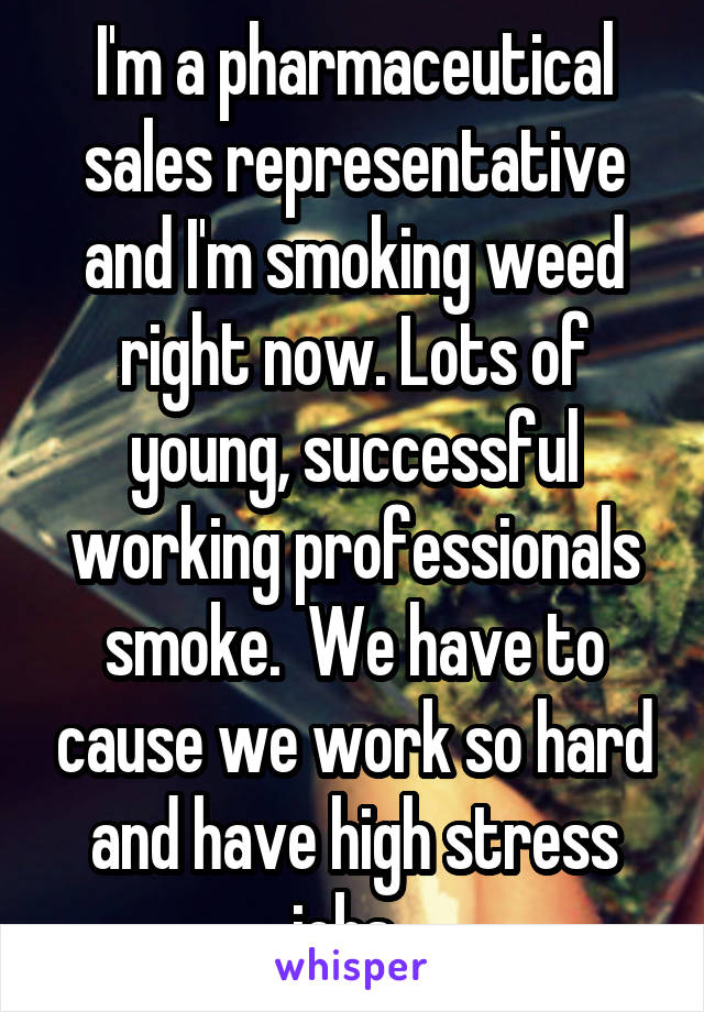 I'm a pharmaceutical sales representative and I'm smoking weed right now. Lots of young, successful working professionals smoke.  We have to cause we work so hard and have high stress jobs. 