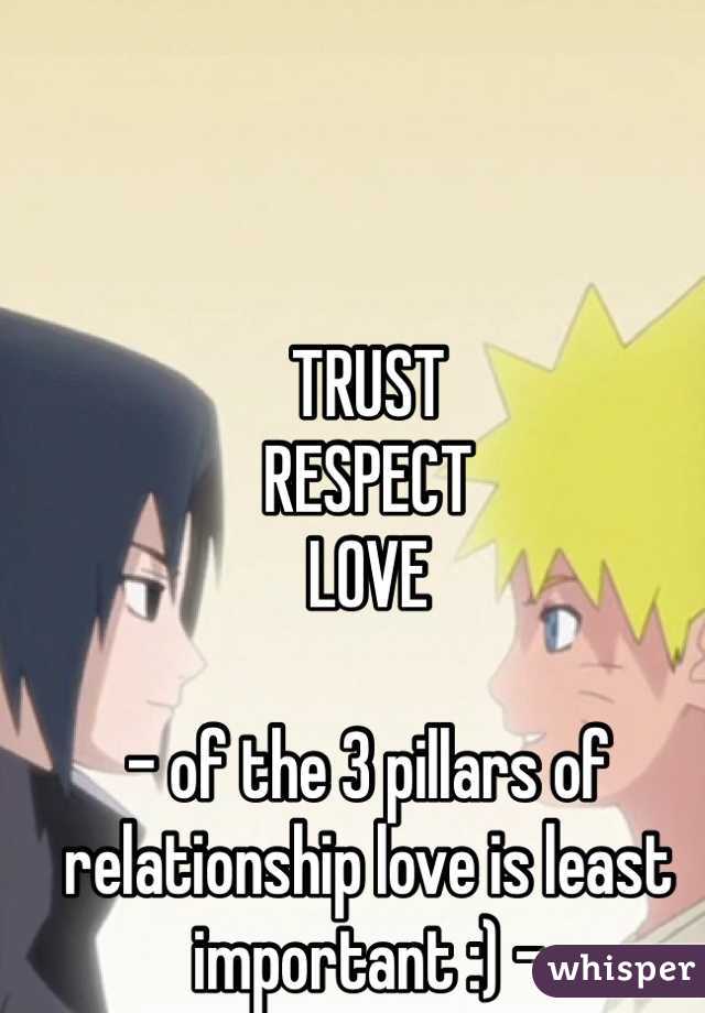 TRUST
RESPECT
LOVE

- of the 3 pillars of relationship love is least important :) -