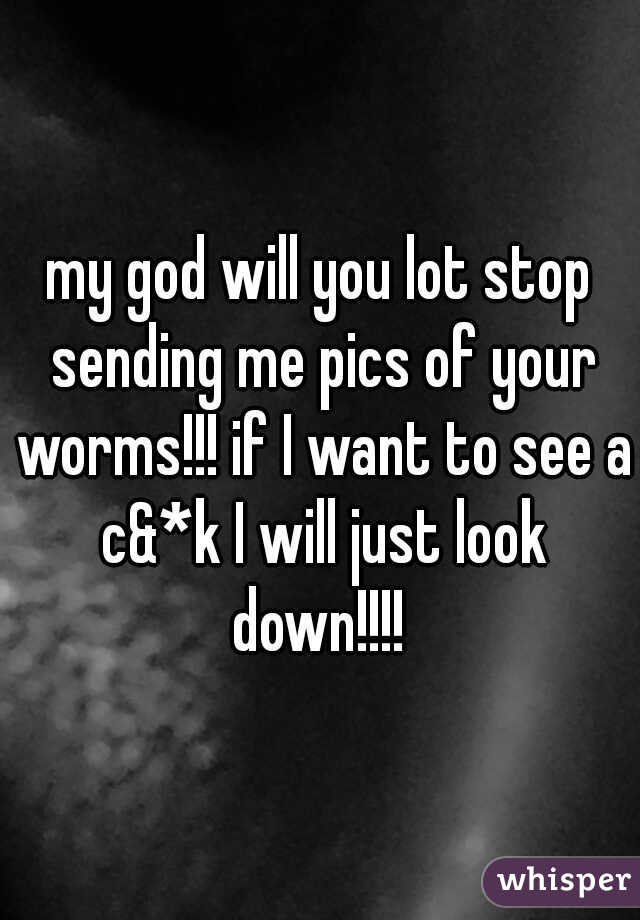 my god will you lot stop sending me pics of your worms!!! if I want to see a c&*k I will just look down!!!! 