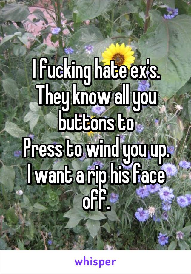 I fucking hate ex's.
They know all you buttons to
Press to wind you up.
I want a rip his face off.