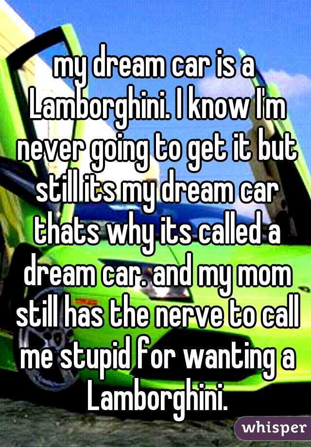 my dream car is a Lamborghini. I know I'm never going to get it but still its my dream car thats why its called a dream car. and my mom still has the nerve to call me stupid for wanting a Lamborghini.