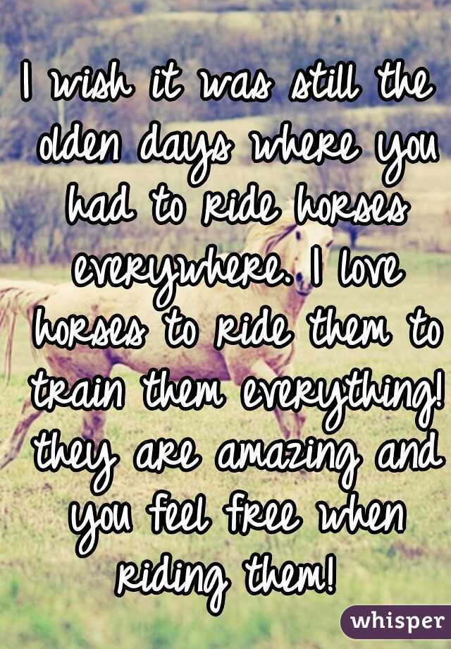 I wish it was still the olden days where you had to ride horses everywhere. I love horses to ride them to train them everything! they are amazing and you feel free when riding them! 
