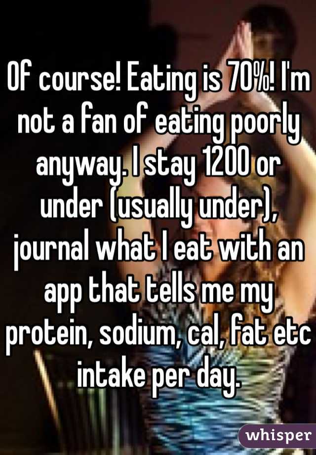 Of course! Eating is 70%! I'm not a fan of eating poorly anyway. I stay 1200 or under (usually under), journal what I eat with an app that tells me my protein, sodium, cal, fat etc intake per day. 