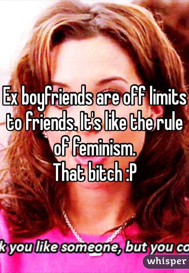 Ex boyfriends are off limits to friends. It's like the rule of feminism.
That bitch :P