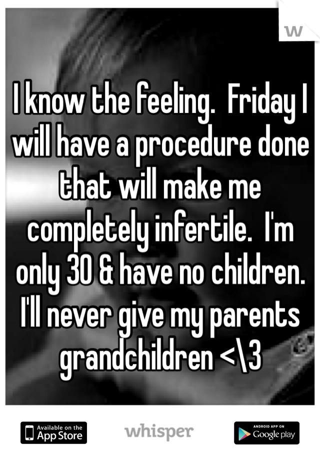 I know the feeling.  Friday I will have a procedure done that will make me completely infertile.  I'm only 30 & have no children.  I'll never give my parents grandchildren <\3