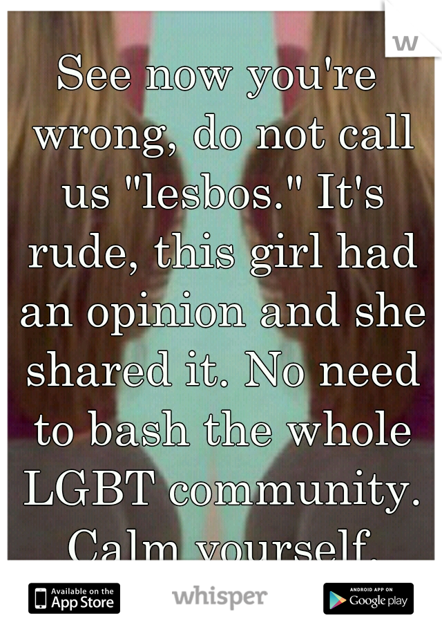 See now you're wrong, do not call us "lesbos." It's rude, this girl had an opinion and she shared it. No need to bash the whole LGBT community. Calm yourself.