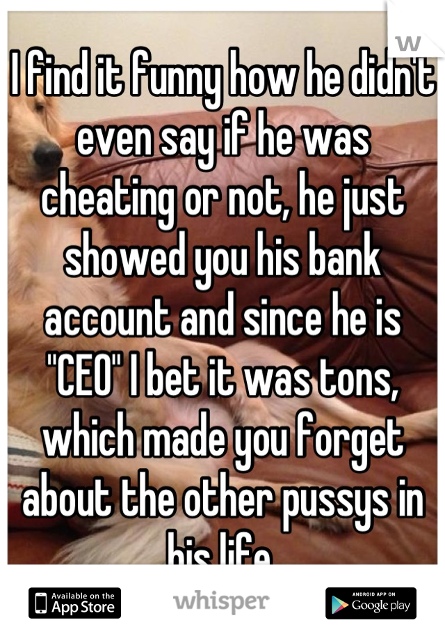 I find it funny how he didn't even say if he was cheating or not, he just showed you his bank account and since he is "CEO" I bet it was tons, which made you forget about the other pussys in his life.