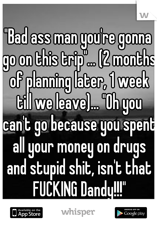 "Bad ass man you're gonna go on this trip"… (2 months of planning later, 1 week till we leave)… "Oh you can't go because you spent all your money on drugs and stupid shit, isn't that FUCKING Dandy!!!"
