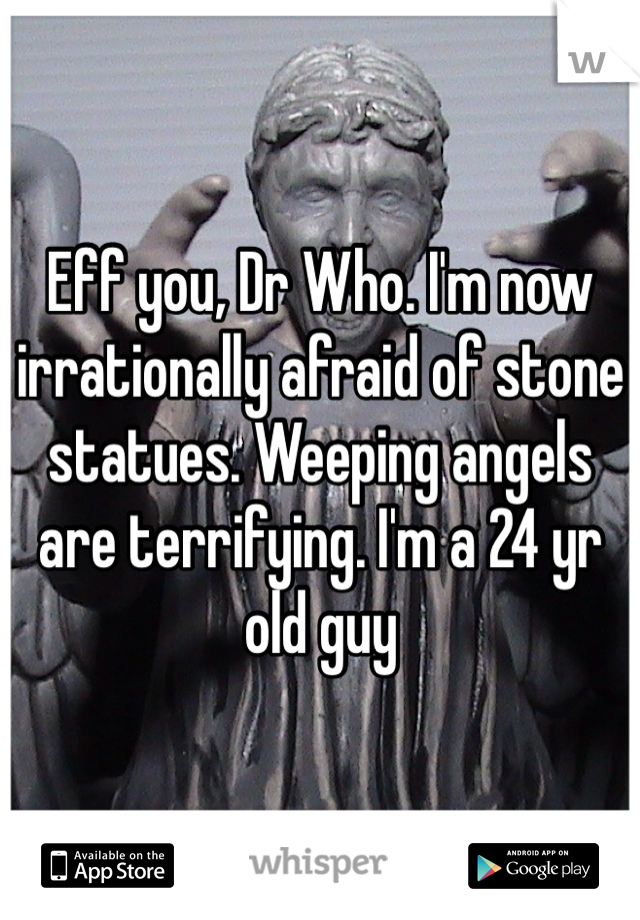 Eff you, Dr Who. I'm now irrationally afraid of stone statues. Weeping angels are terrifying. I'm a 24 yr old guy 