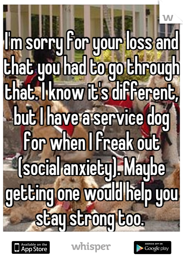 I'm sorry for your loss and that you had to go through that. I know it's different, but I have a service dog for when I freak out (social anxiety). Maybe getting one would help you stay strong too. 