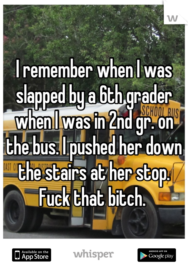 I remember when I was slapped by a 6th grader when I was in 2nd gr. on the bus. I pushed her down the stairs at her stop. Fuck that bitch. 