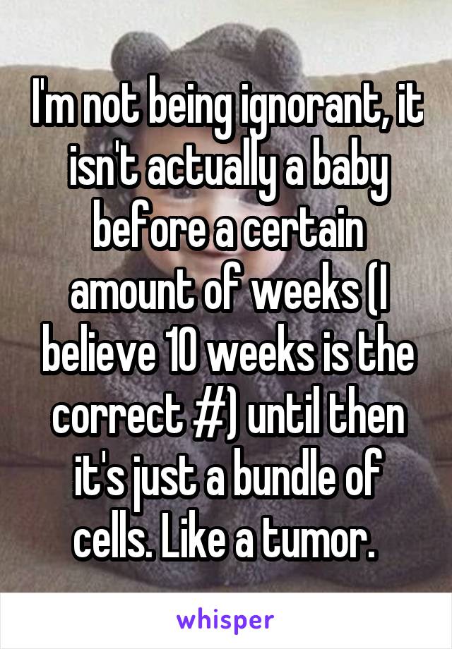 I'm not being ignorant, it isn't actually a baby before a certain amount of weeks (I believe 10 weeks is the correct #) until then it's just a bundle of cells. Like a tumor. 