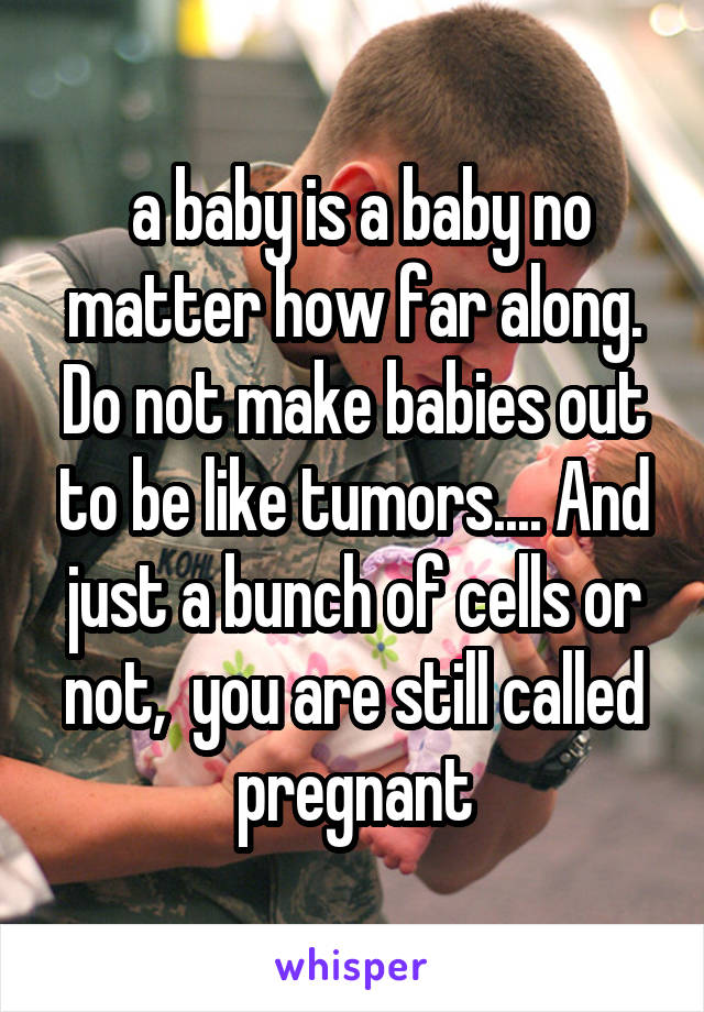  a baby is a baby no matter how far along. Do not make babies out to be like tumors.... And just a bunch of cells or not,  you are still called pregnant