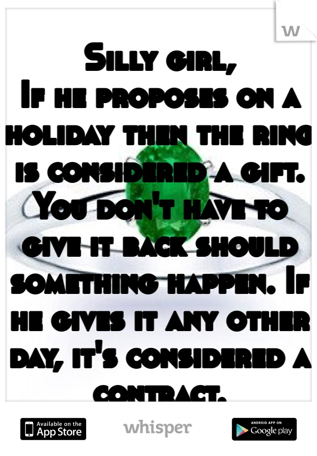 Silly girl, 
If he proposes on a holiday then the ring is considered a gift. You don't have to give it back should something happen. If he gives it any other day, it's considered a contract. 