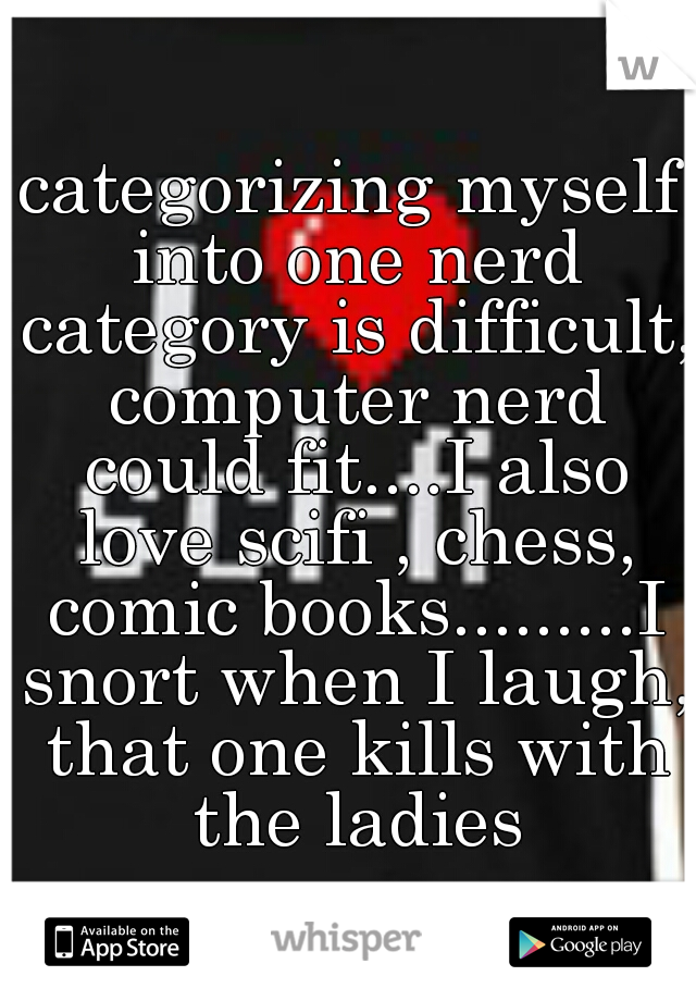 categorizing myself into one nerd category is difficult, computer nerd could fit....I also love scifi , chess, comic books.........I snort when I laugh, that one kills with the ladies