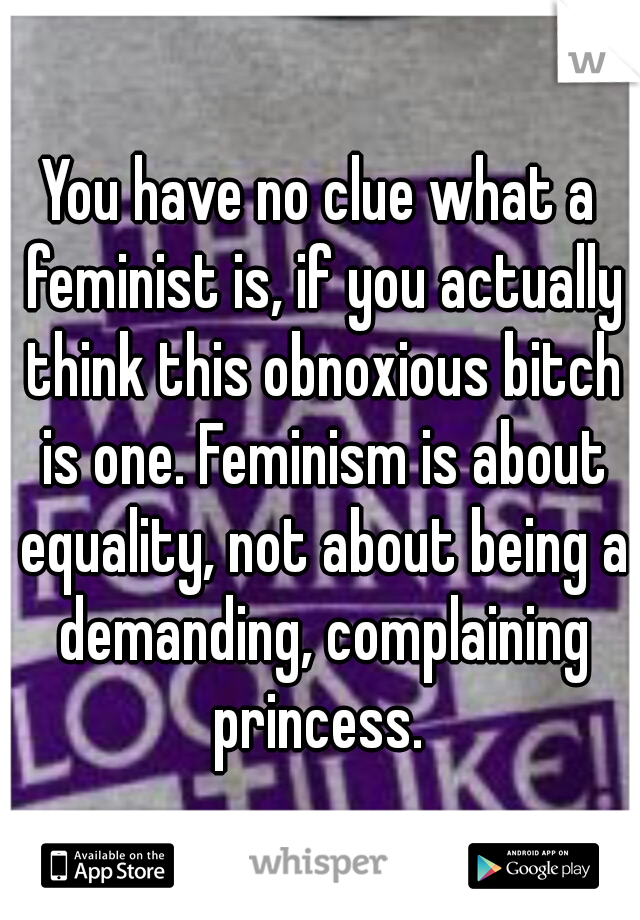 You have no clue what a feminist is, if you actually think this obnoxious bitch is one. Feminism is about equality, not about being a demanding, complaining princess. 