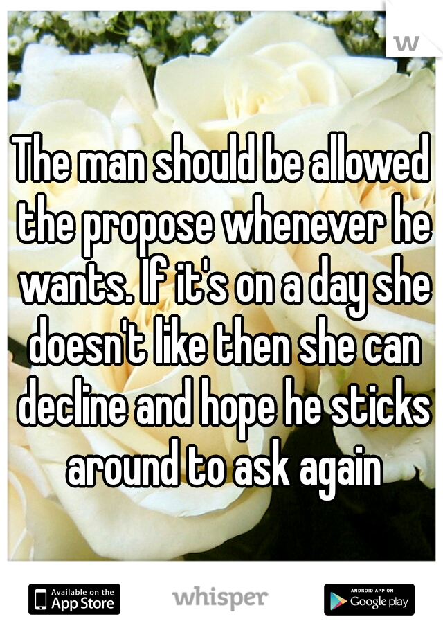 The man should be allowed the propose whenever he wants. If it's on a day she doesn't like then she can decline and hope he sticks around to ask again