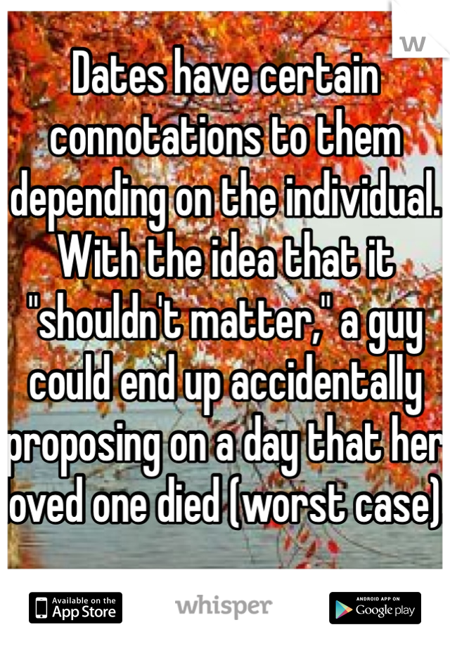 Dates have certain connotations to them depending on the individual. With the idea that it "shouldn't matter," a guy could end up accidentally proposing on a day that her loved one died (worst case).