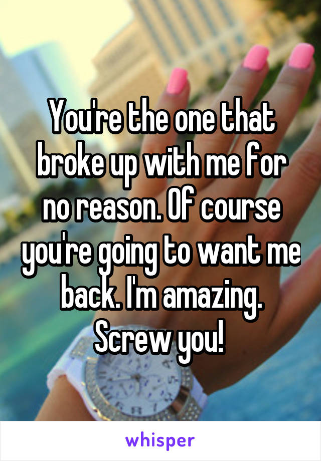 You're the one that broke up with me for no reason. Of course you're going to want me back. I'm amazing. Screw you! 