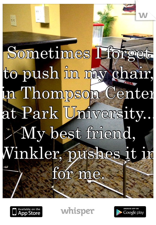 Sometimes I forget to push in my chair, in Thompson Center at Park University...
My best friend, Winkler, pushes it in for me.