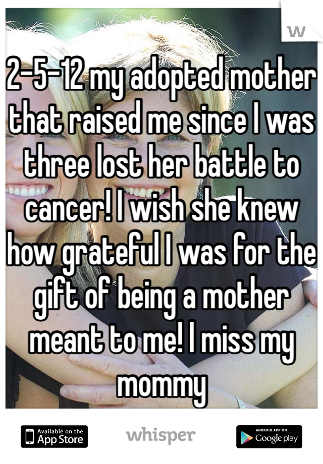 2-5-12 my adopted mother that raised me since I was three lost her battle to cancer! I wish she knew how grateful I was for the gift of being a mother meant to me! I miss my mommy