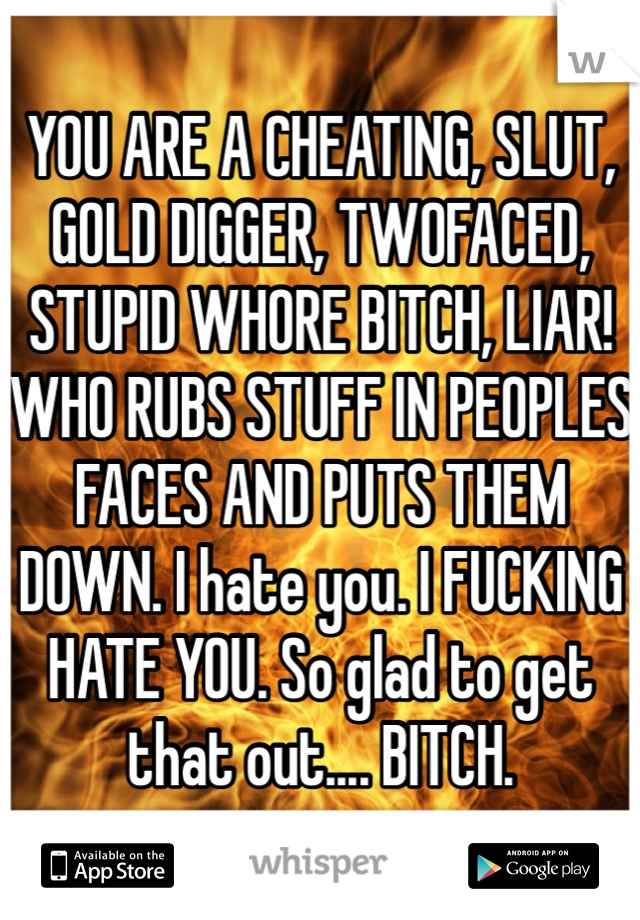 YOU ARE A CHEATING, SLUT, GOLD DIGGER, TWOFACED, STUPID WHORE BITCH, LIAR! WHO RUBS STUFF IN PEOPLES FACES AND PUTS THEM DOWN. I hate you. I FUCKING HATE YOU. So glad to get that out.... BITCH.