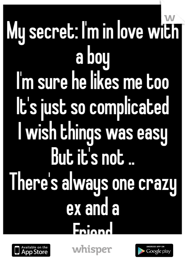 My secret: I'm in love with a boy
I'm sure he likes me too 
It's just so complicated 
I wish things was easy 
But it's not .. 
There's always one crazy ex and a 
Friend 