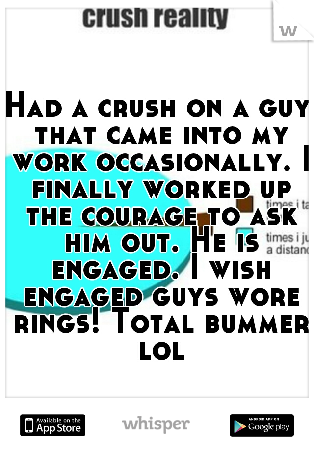 Had a crush on a guy that came into my work occasionally. I finally worked up the courage to ask him out. He is engaged. I wish engaged guys wore rings! Total bummer lol