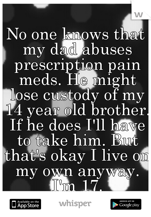 No one knows that my dad abuses prescription pain meds. He might lose custody of my 14 year old brother. If he does I'll have to take him. But that's okay I live on my own anyway. I'm 17.