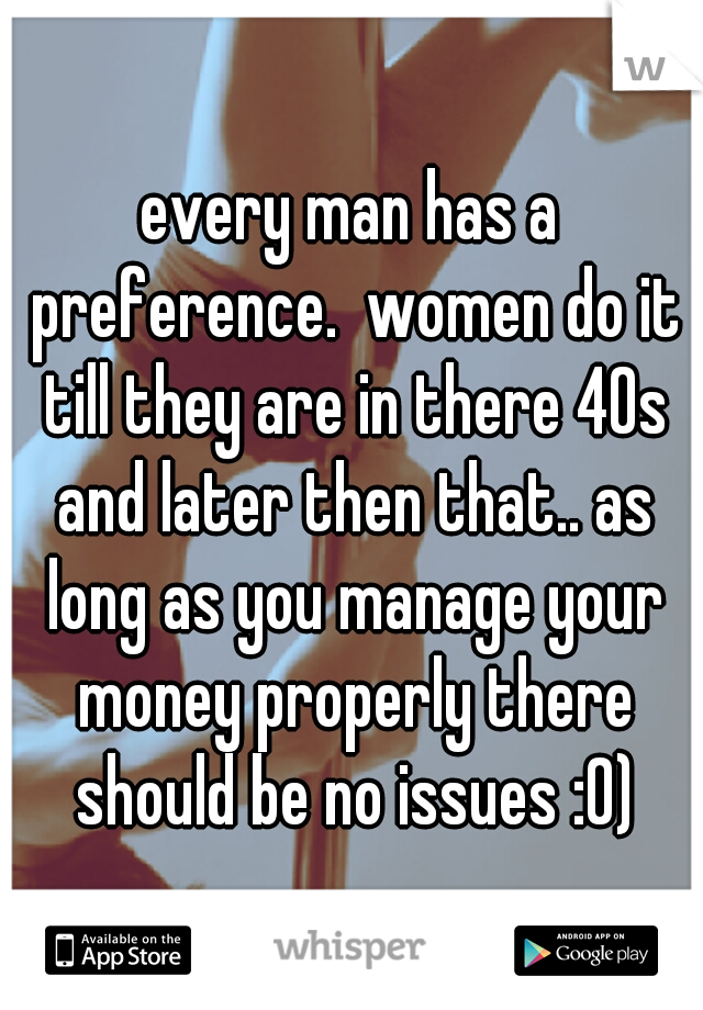 every man has a preference.  women do it till they are in there 40s and later then that.. as long as you manage your money properly there should be no issues :0)