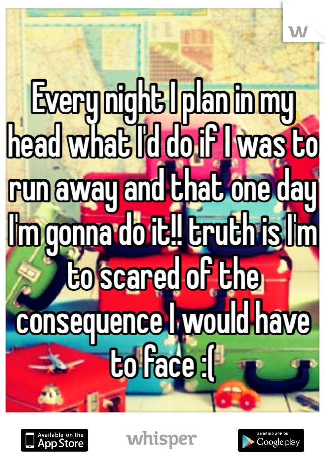 Every night I plan in my head what I'd do if I was to run away and that one day I'm gonna do it!! truth is I'm to scared of the consequence I would have to face :( 