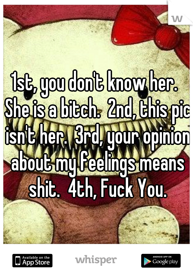 1st, you don't know her.  She is a bitch.  2nd, this pic isn't her.  3rd, your opinion about my feelings means shit.  4th, Fuck You.