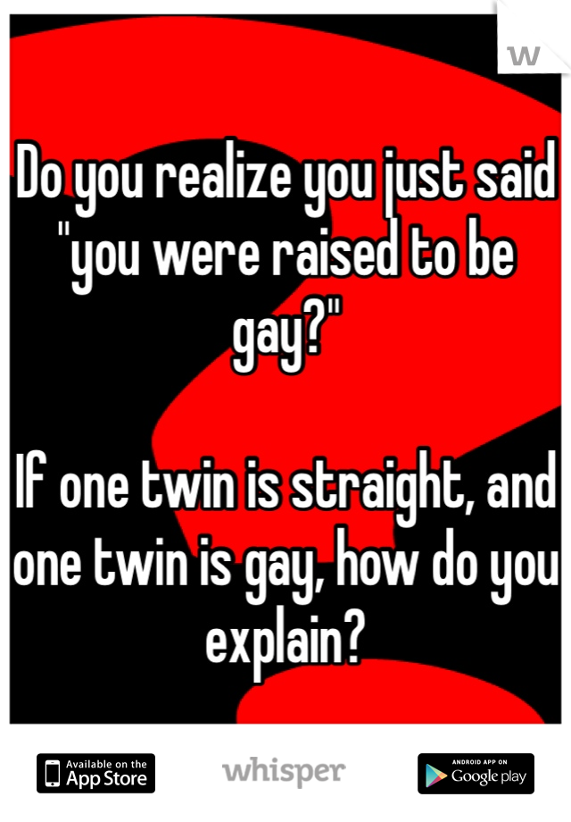 Do you realize you just said "you were raised to be gay?"

If one twin is straight, and one twin is gay, how do you explain?