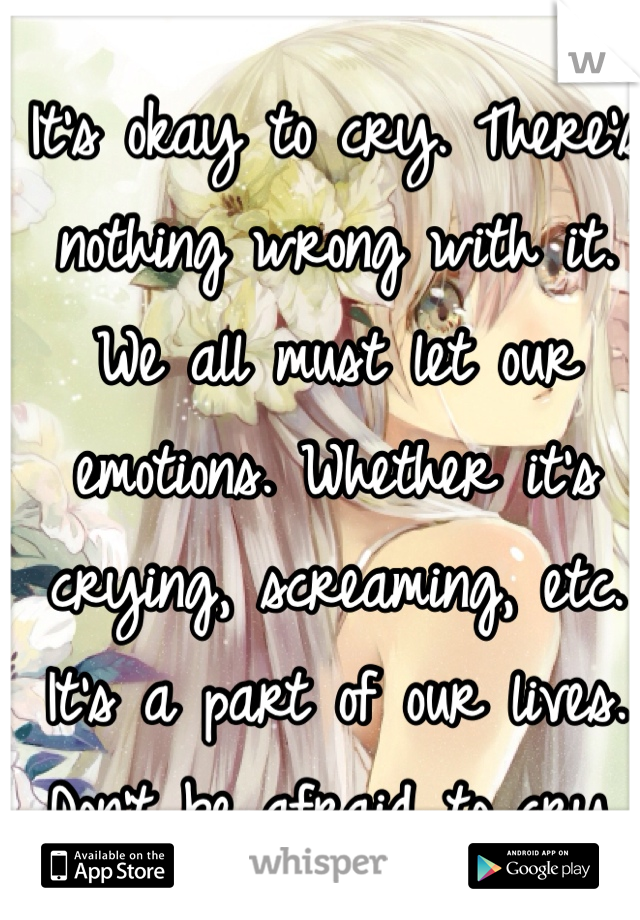 It's okay to cry. There's nothing wrong with it. We all must let our emotions. Whether it's crying, screaming, etc. It's a part of our lives. Don't be afraid to cry. 