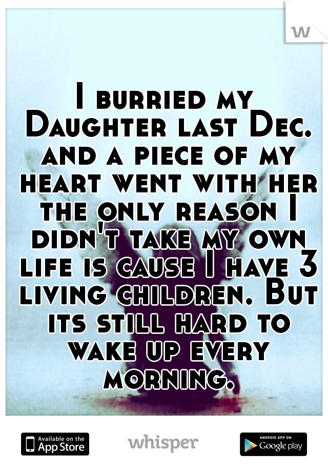 I burried my Daughter last Dec. and a piece of my heart went with her the only reason I didn't take my own life is cause I have 3 living children. But its still hard to wake up every morning.