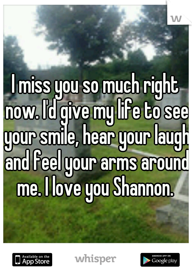 I miss you so much right now. I'd give my life to see your smile, hear your laugh and feel your arms around me. I love you Shannon. 