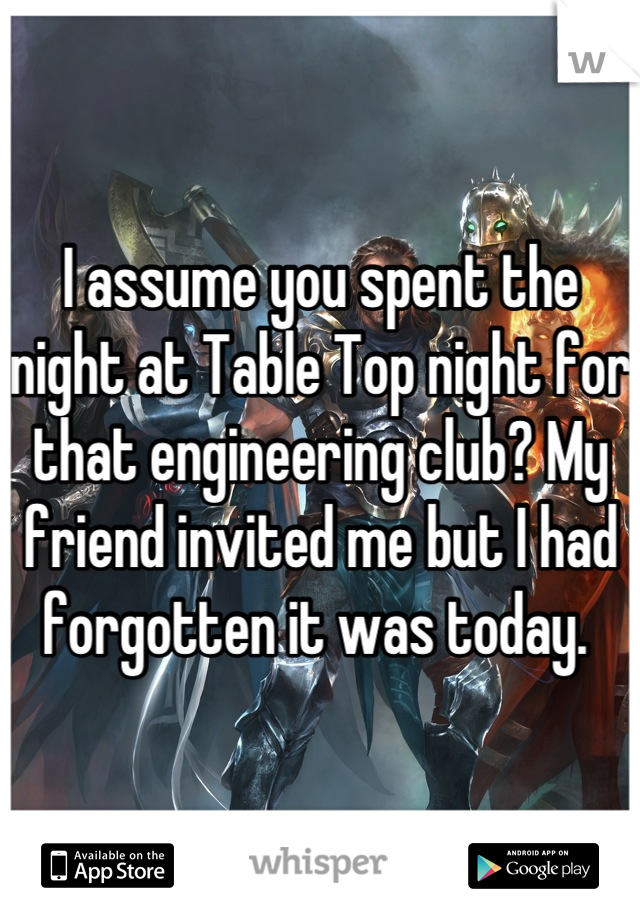 I assume you spent the night at Table Top night for that engineering club? My friend invited me but I had forgotten it was today. 
