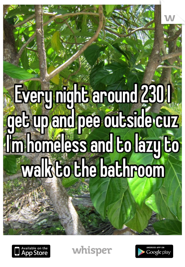 Every night around 230 I get up and pee outside cuz I'm homeless and to lazy to walk to the bathroom 