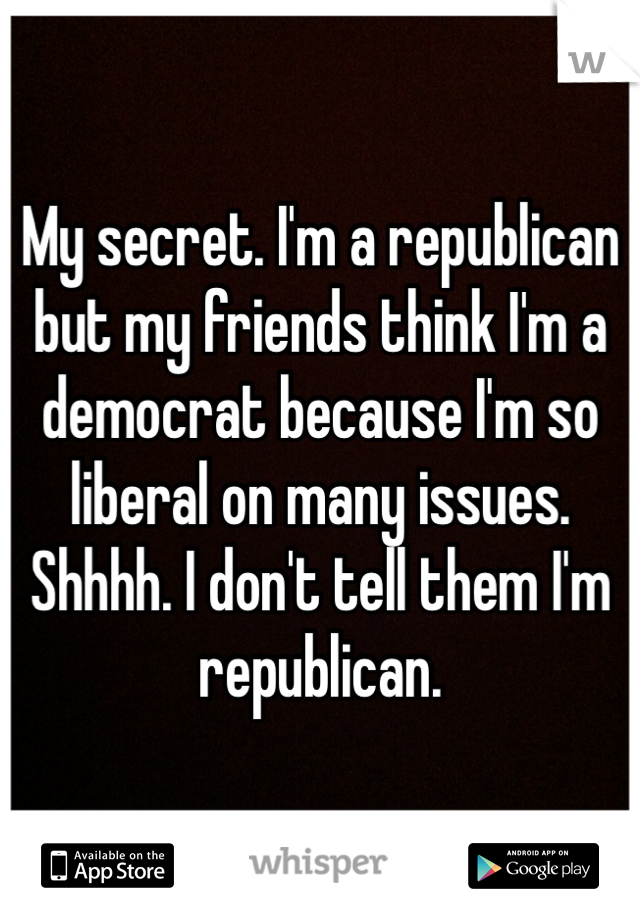 My secret. I'm a republican but my friends think I'm a democrat because I'm so liberal on many issues. Shhhh. I don't tell them I'm republican. 