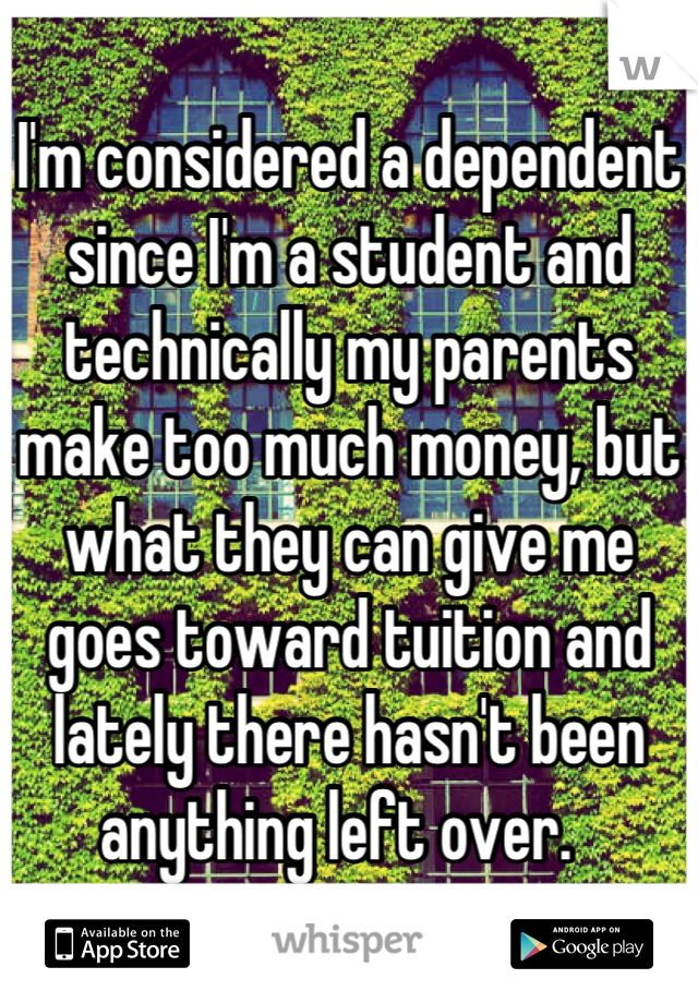 I'm considered a dependent since I'm a student and technically my parents make too much money, but what they can give me goes toward tuition and lately there hasn't been anything left over.  