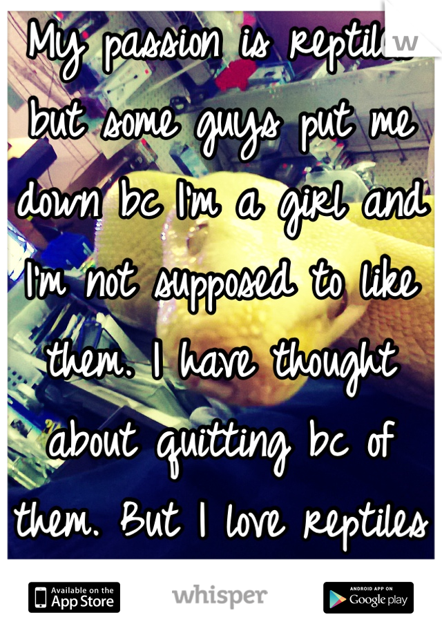 My passion is reptiles but some guys put me down bc I'm a girl and I'm not supposed to like them. I have thought about quitting bc of them. But I love reptiles too much to quit! ❤️
