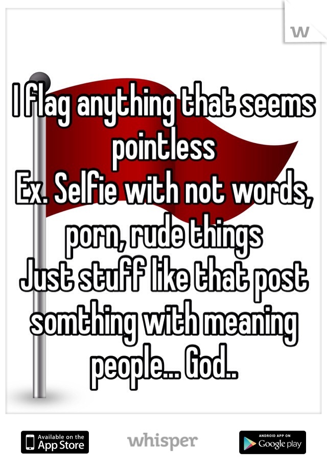 I flag anything that seems pointless
Ex. Selfie with not words, porn, rude things
Just stuff like that post somthing with meaning people... God..