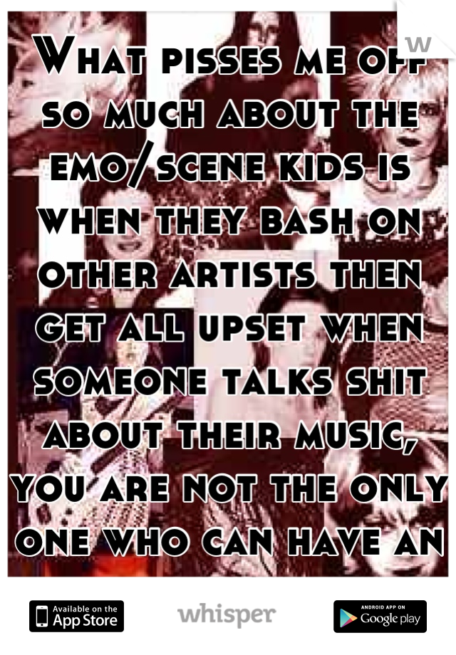 What pisses me off so much about the emo/scene kids is when they bash on other artists then get all upset when someone talks shit about their music, you are not the only one who can have an opinion